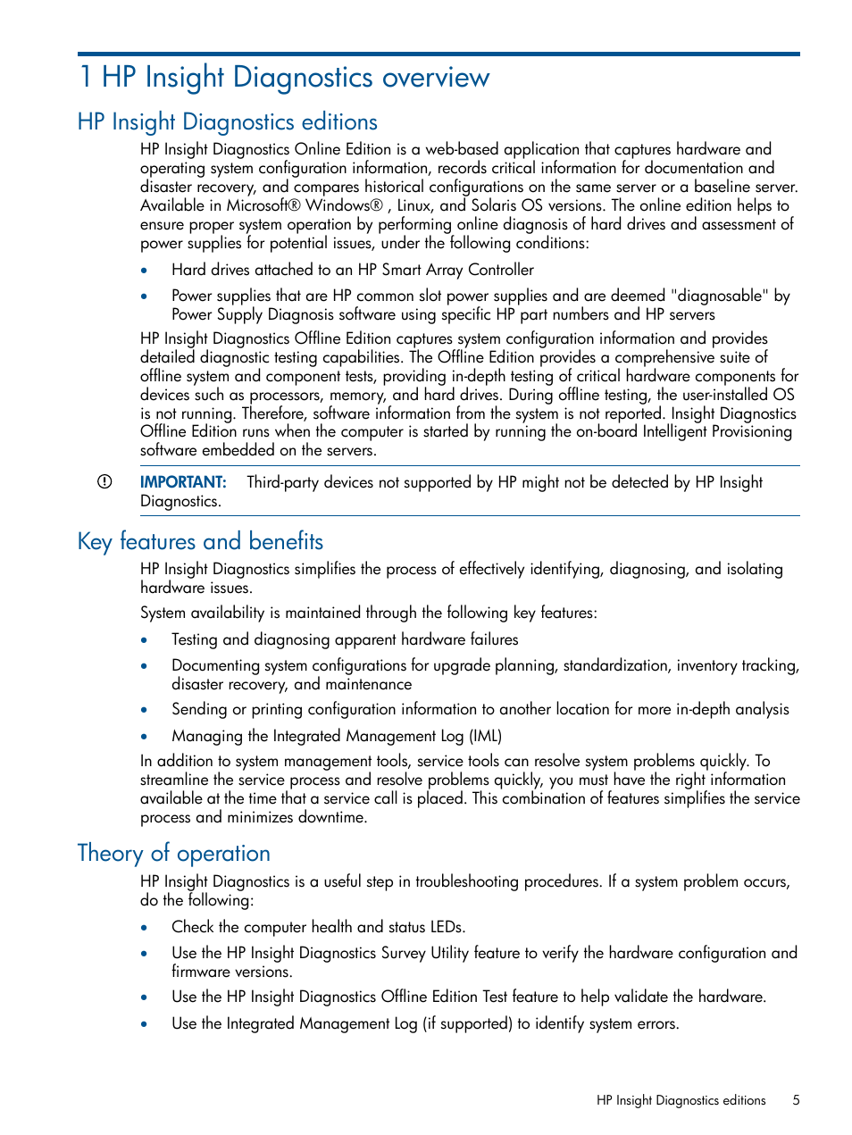 1 hp insight diagnostics overview, Hp insight diagnostics editions, Key features and benefits | Theory of operation | HP Insight Diagnostics Software User Manual | Page 5 / 43