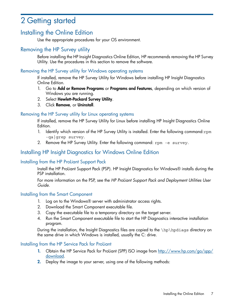 2 getting started, Installing the online edition, Removing the hp survey utility | Installing from the hp proliant support pack, Installing from the smart component, Installing from the hp service pack for proliant | HP Insight Diagnostics Software User Manual | Page 7 / 43