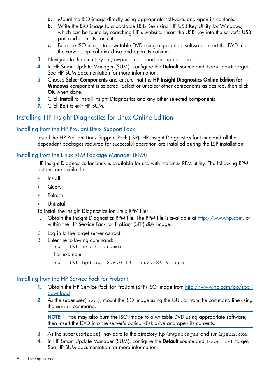 Installing from the hp proliant linux support pack, Installing from the hp service pack for proliant | HP Insight Diagnostics Software User Manual | Page 8 / 43