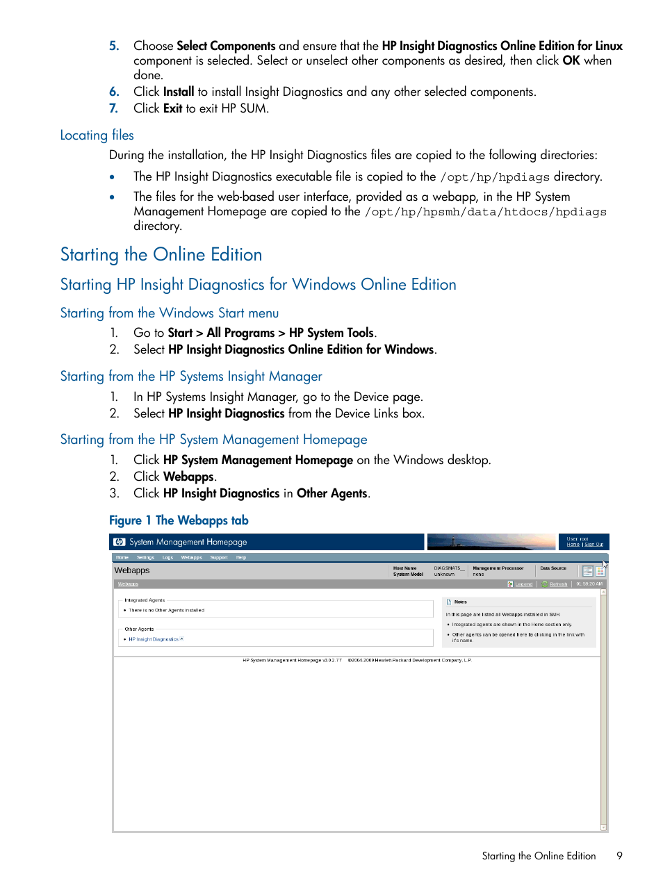 Locating files, Starting the online edition, Starting from the windows start menu | Starting from the hp systems insight manager | HP Insight Diagnostics Software User Manual | Page 9 / 43