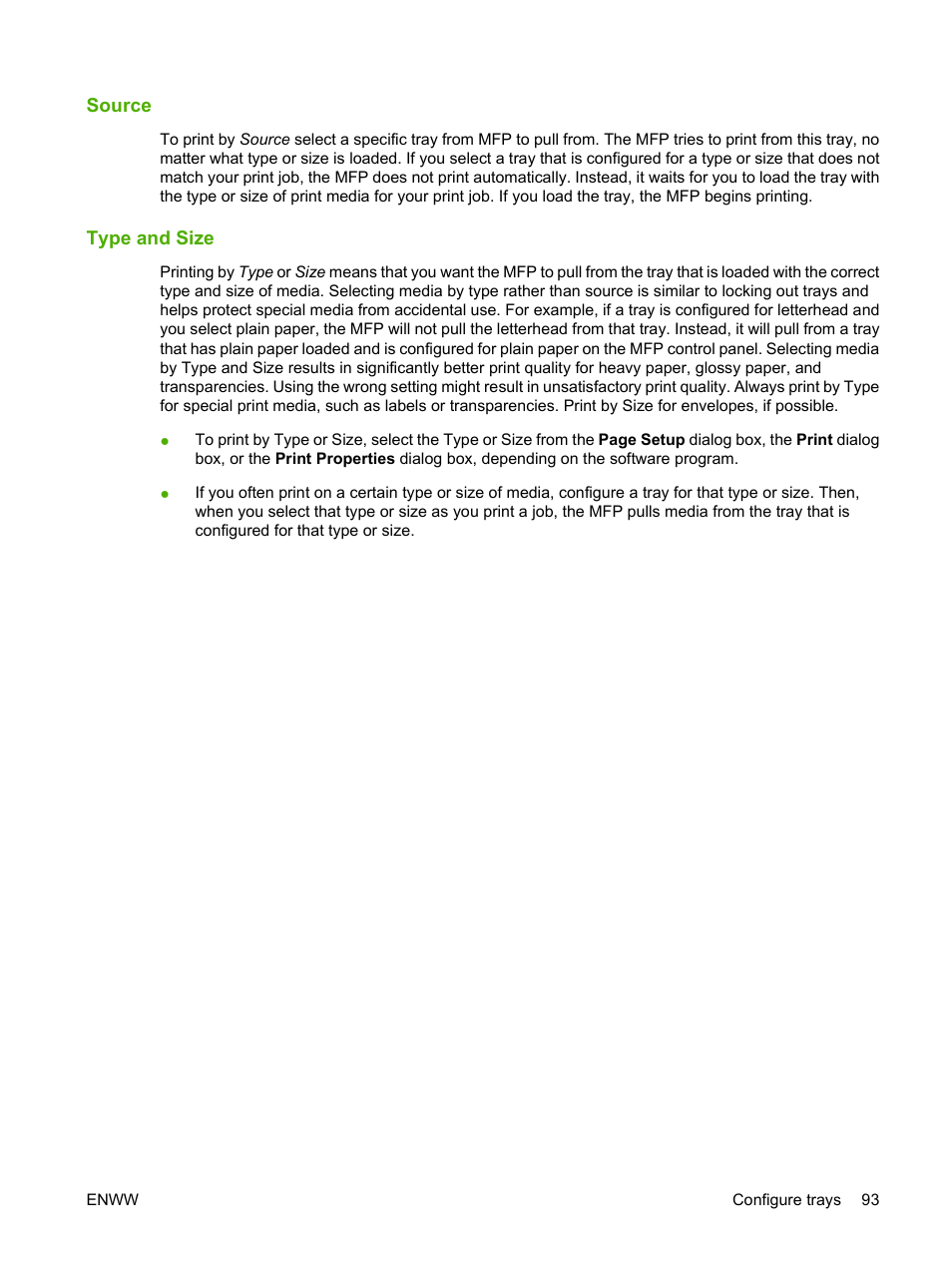 Source, Type and size, Source type and size | HP LaserJet M9040M9050 Multifunction Printer series User Manual | Page 107 / 288