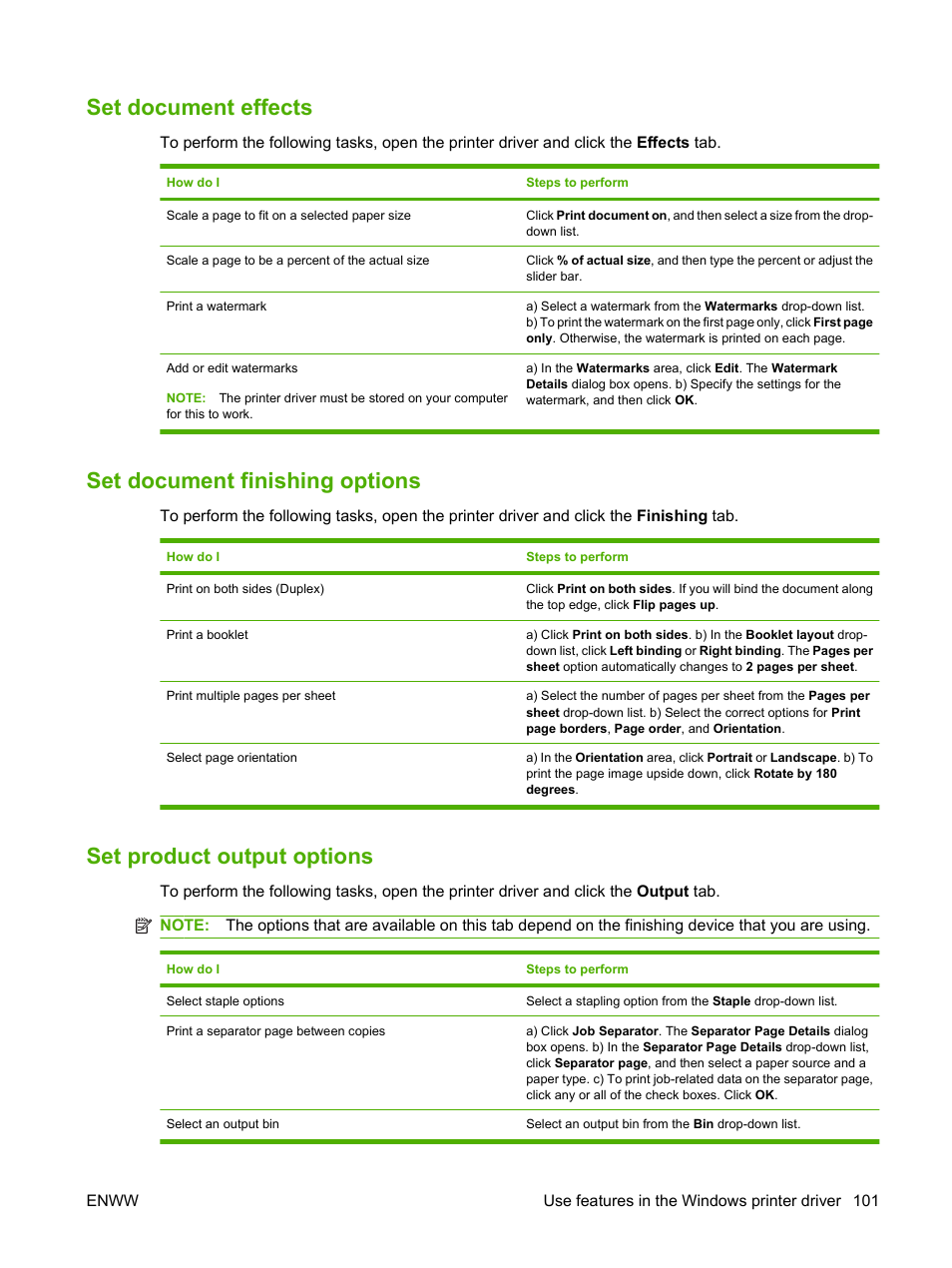 Set document effects, Set document finishing options, Set product output options | HP LaserJet M9040M9050 Multifunction Printer series User Manual | Page 115 / 288