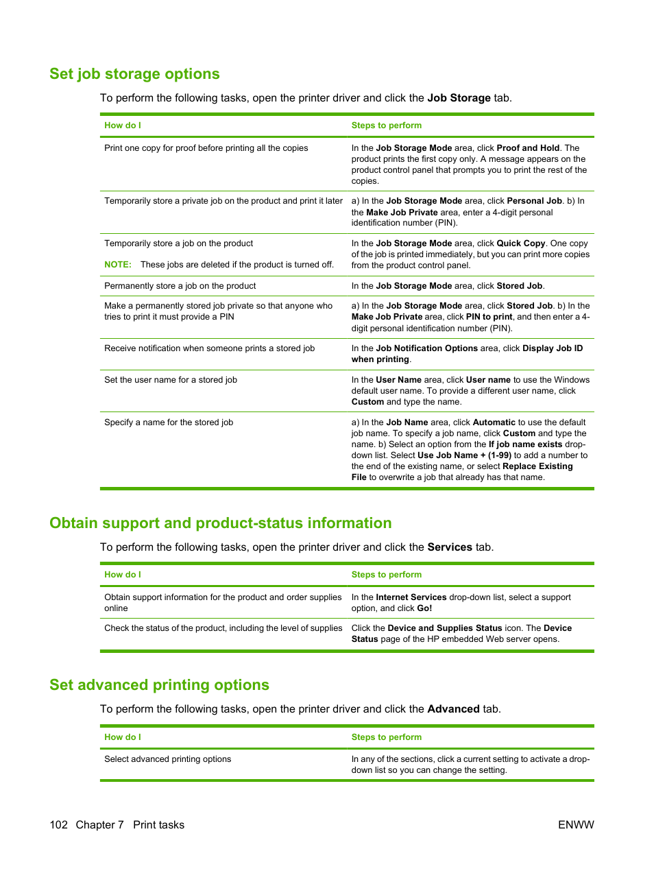 Set job storage options, Obtain support and product-status information, Set advanced printing options | HP LaserJet M9040M9050 Multifunction Printer series User Manual | Page 116 / 288