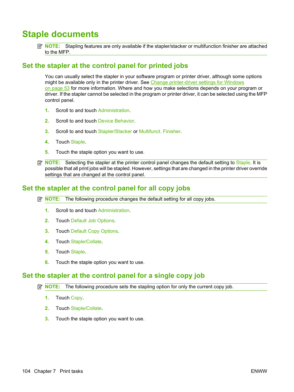 Staple documents | HP LaserJet M9040M9050 Multifunction Printer series User Manual | Page 118 / 288