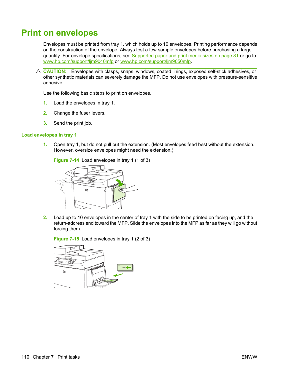 Print on envelopes | HP LaserJet M9040M9050 Multifunction Printer series User Manual | Page 124 / 288