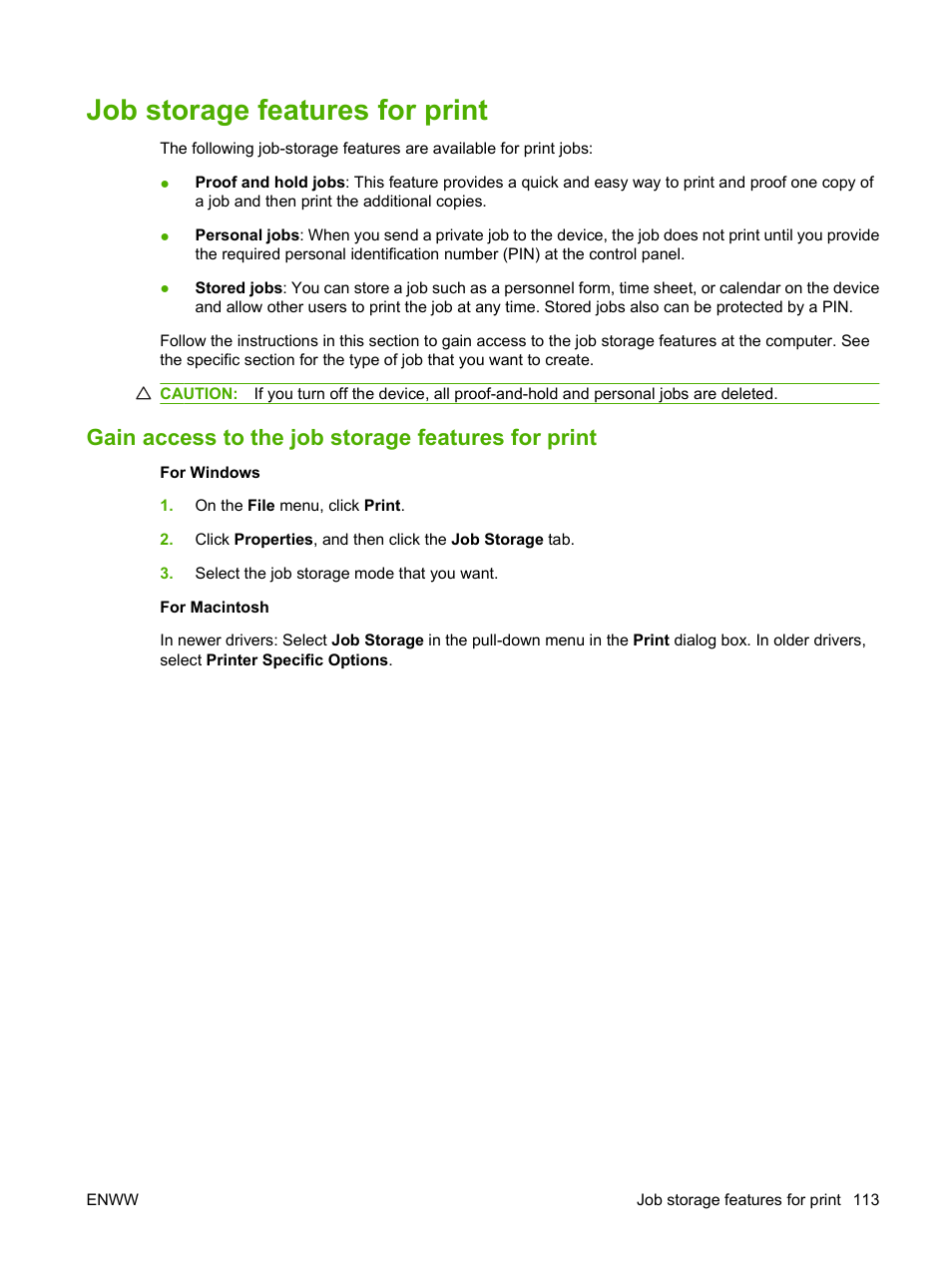 Job storage features for print, Gain access to the job storage features for print | HP LaserJet M9040M9050 Multifunction Printer series User Manual | Page 127 / 288