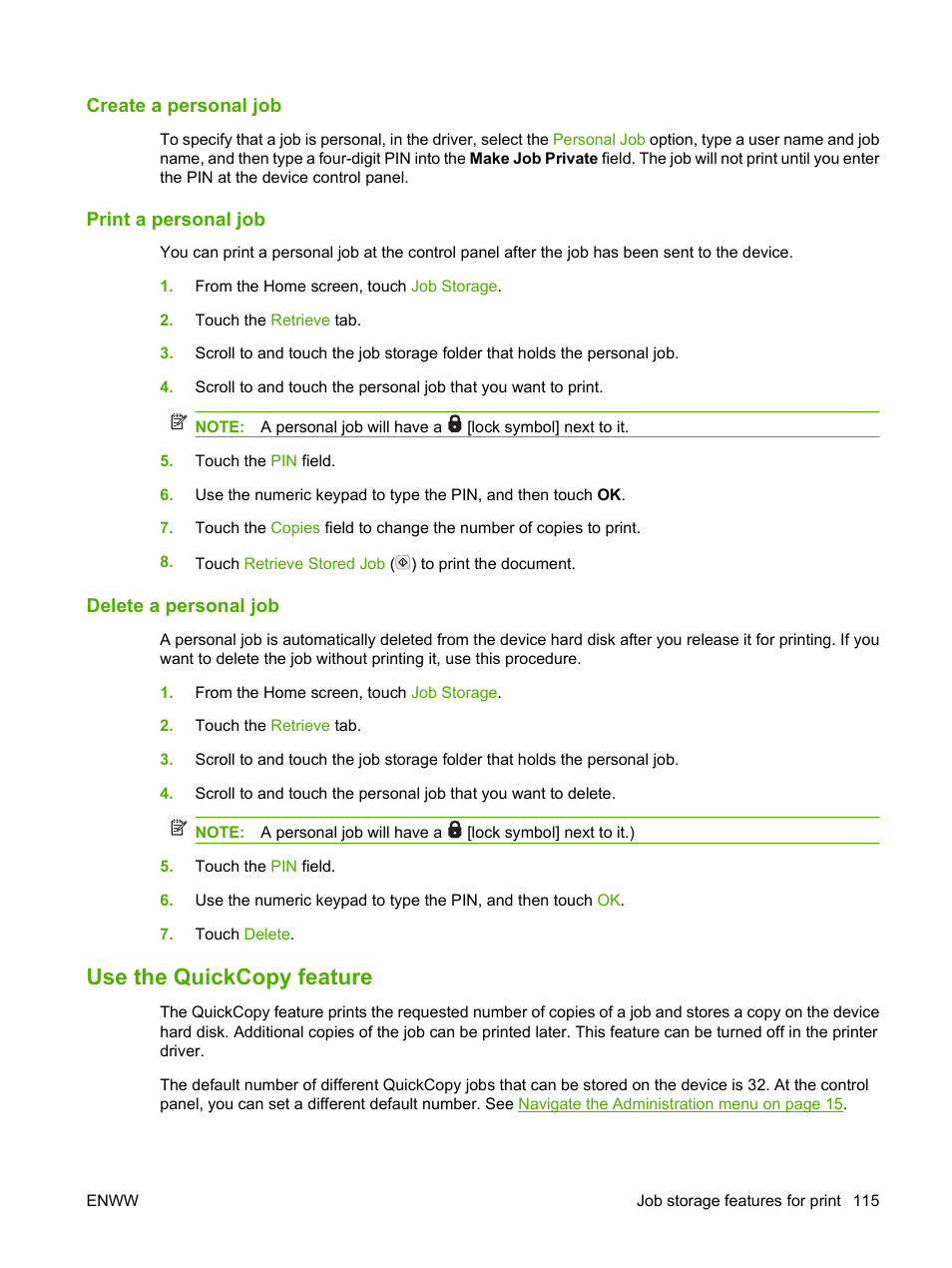 Create a personal job, Print a personal job, Delete a personal job | Use the quickcopy feature | HP LaserJet M9040M9050 Multifunction Printer series User Manual | Page 129 / 288