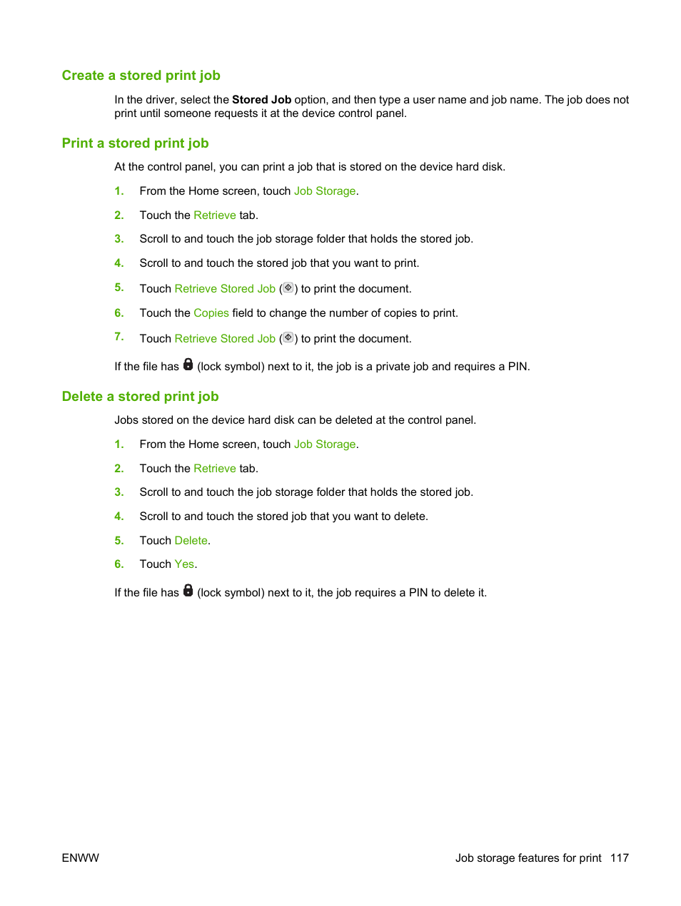 Create a stored print job, Print a stored print job, Delete a stored print job | HP LaserJet M9040M9050 Multifunction Printer series User Manual | Page 131 / 288