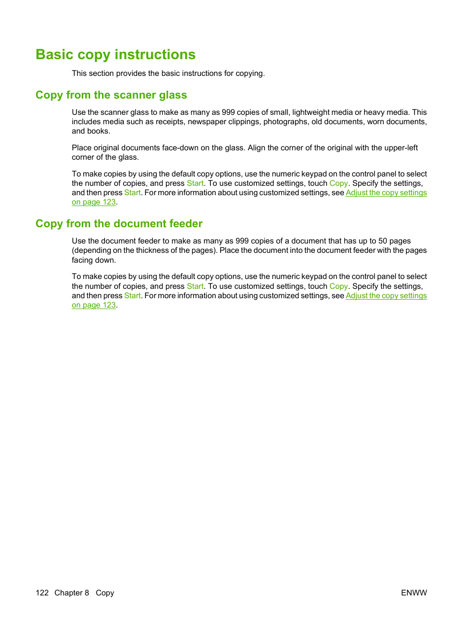 Basic copy instructions, Copy from the scanner glass, Copy from the document feeder | HP LaserJet M9040M9050 Multifunction Printer series User Manual | Page 136 / 288