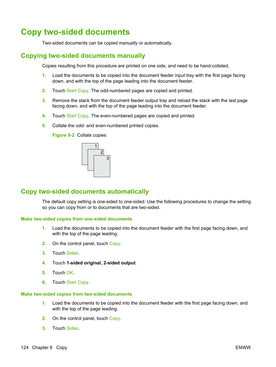 Copy two-sided documents, Copying two-sided documents manually, Copy two-sided documents automatically | HP LaserJet M9040M9050 Multifunction Printer series User Manual | Page 138 / 288