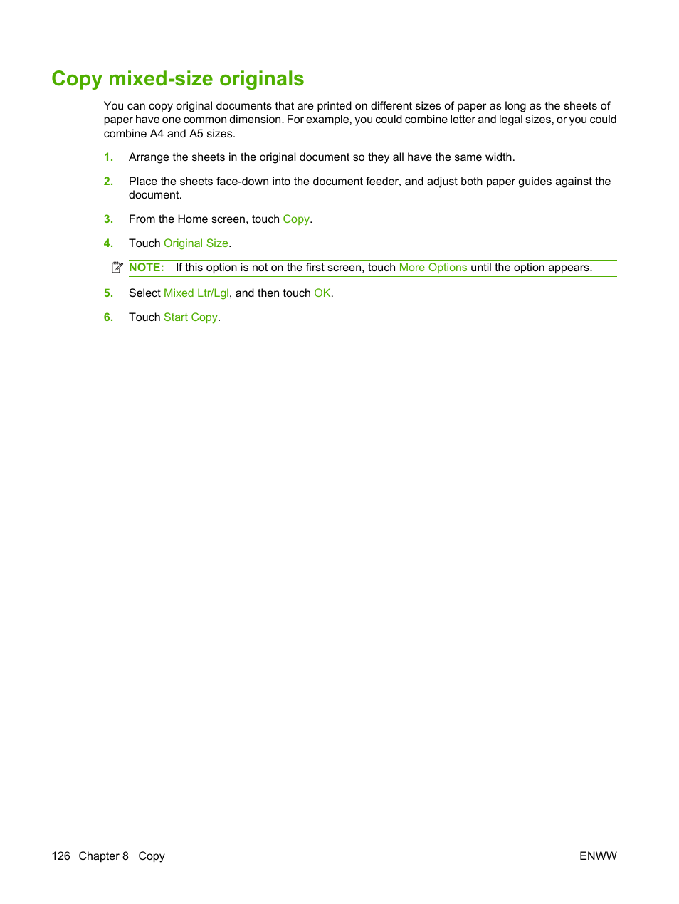 Copy mixed-size originals | HP LaserJet M9040M9050 Multifunction Printer series User Manual | Page 140 / 288