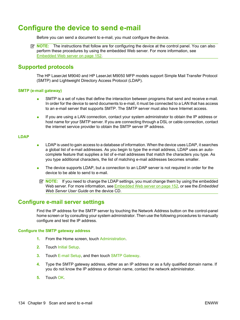 Configure the device to send e-mail, Supported protocols, Configure e-mail server settings | HP LaserJet M9040M9050 Multifunction Printer series User Manual | Page 148 / 288