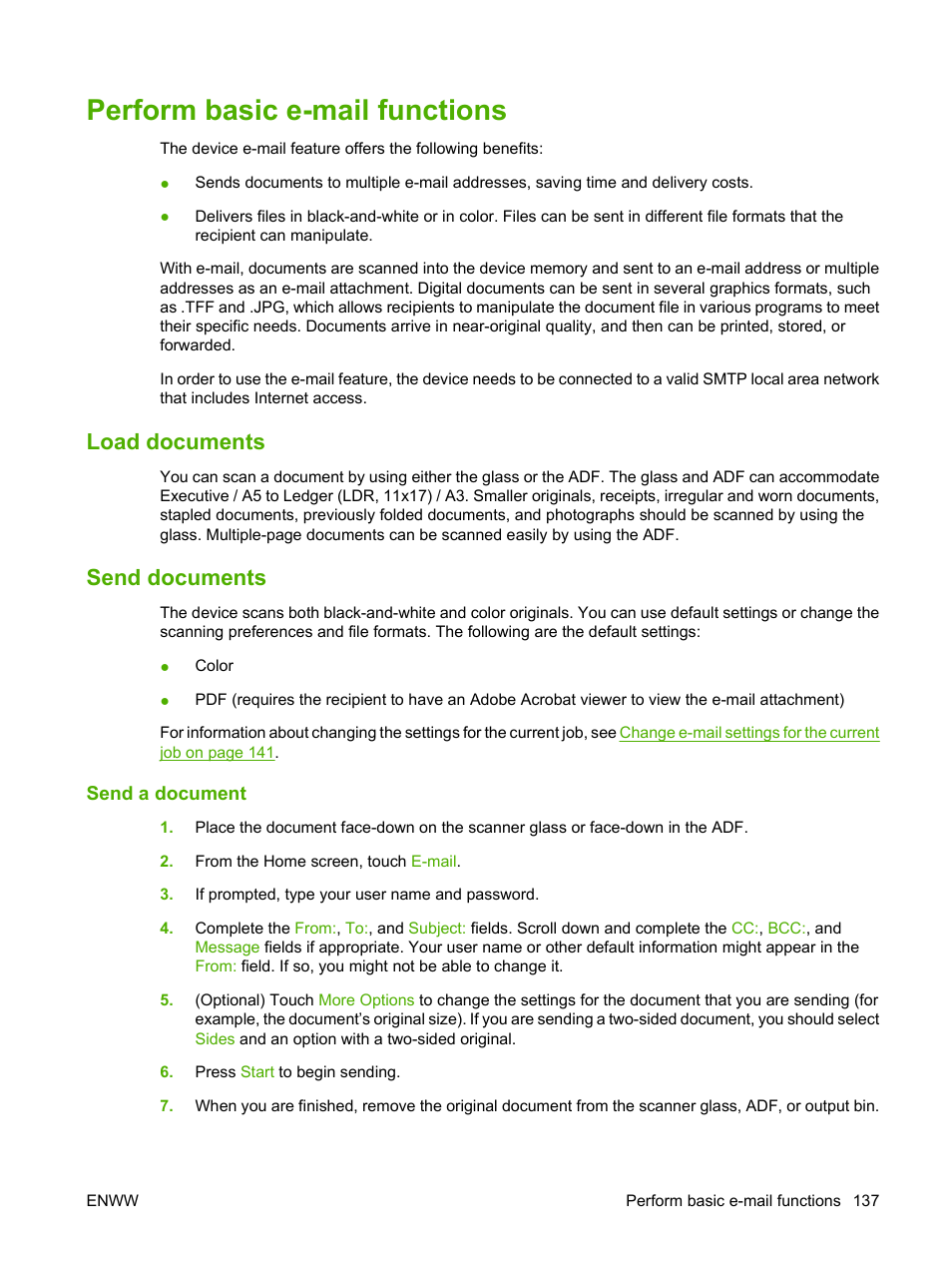Perform basic e-mail functions, Load documents, Send documents | Send a document, Load documents send documents | HP LaserJet M9040M9050 Multifunction Printer series User Manual | Page 151 / 288