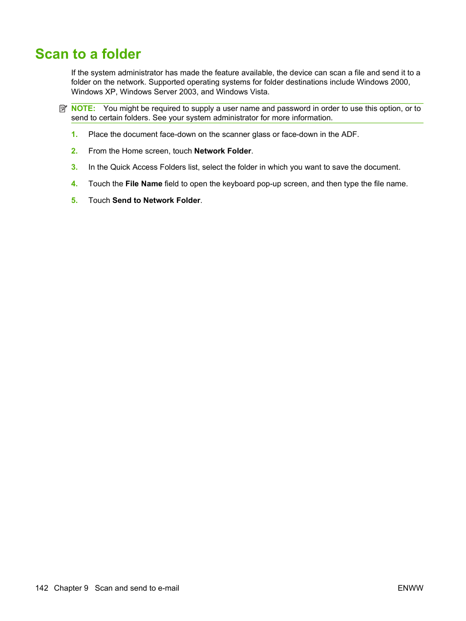 Scan to a folder | HP LaserJet M9040M9050 Multifunction Printer series User Manual | Page 156 / 288