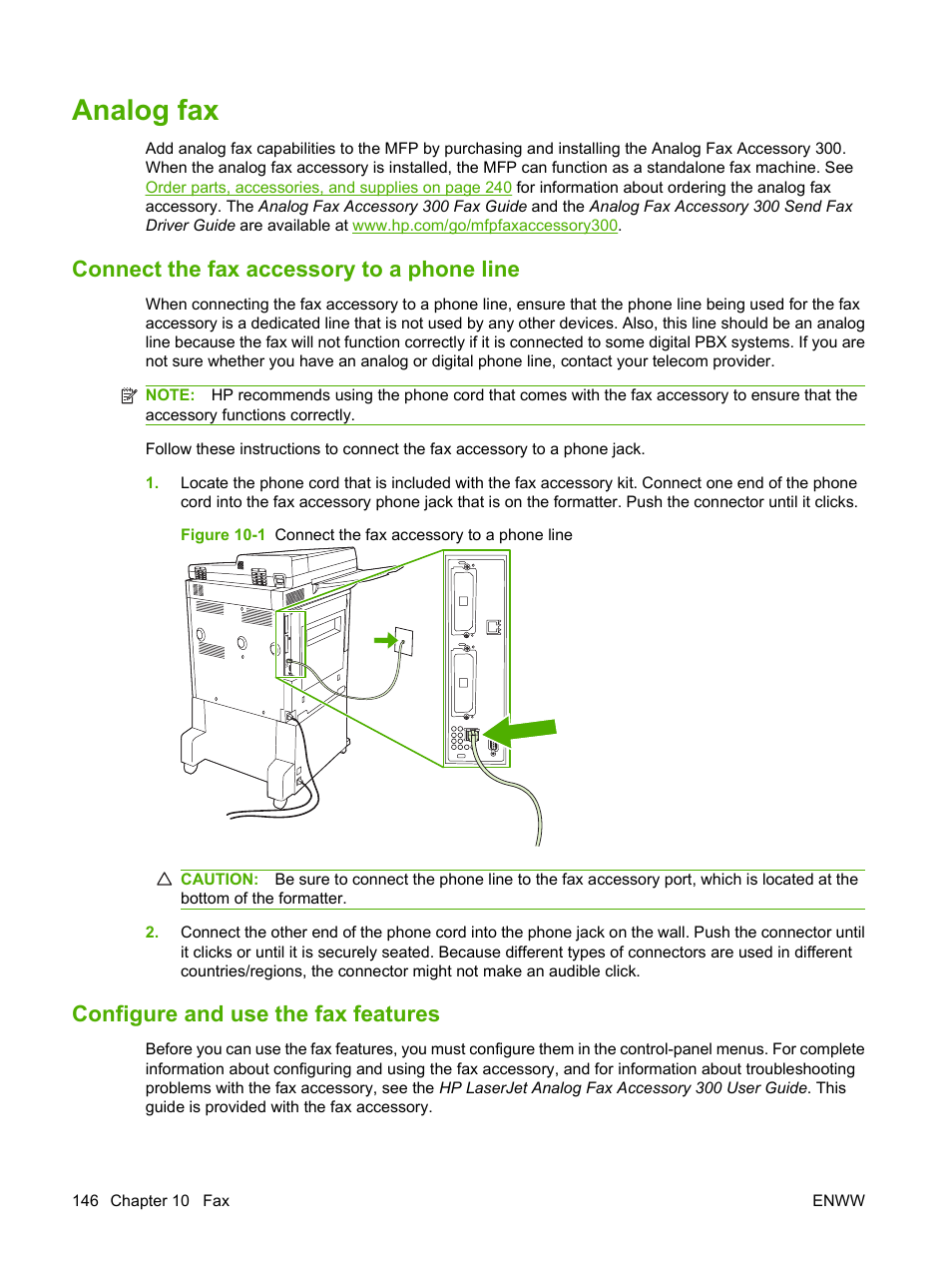 Analog fax, Connect the fax accessory to a phone line, Configure and use the fax features | HP LaserJet M9040M9050 Multifunction Printer series User Manual | Page 160 / 288