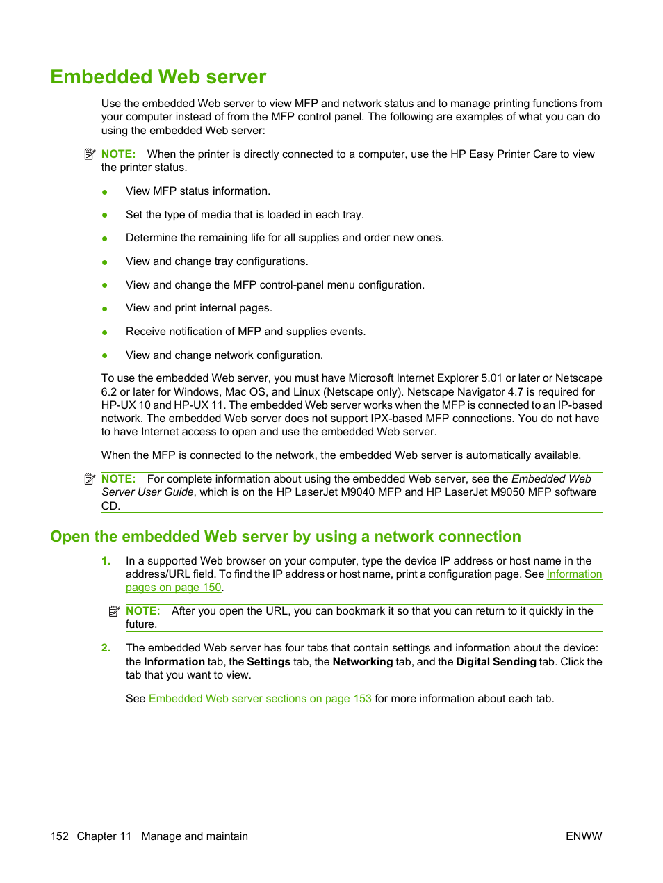 Embedded web server | HP LaserJet M9040M9050 Multifunction Printer series User Manual | Page 166 / 288