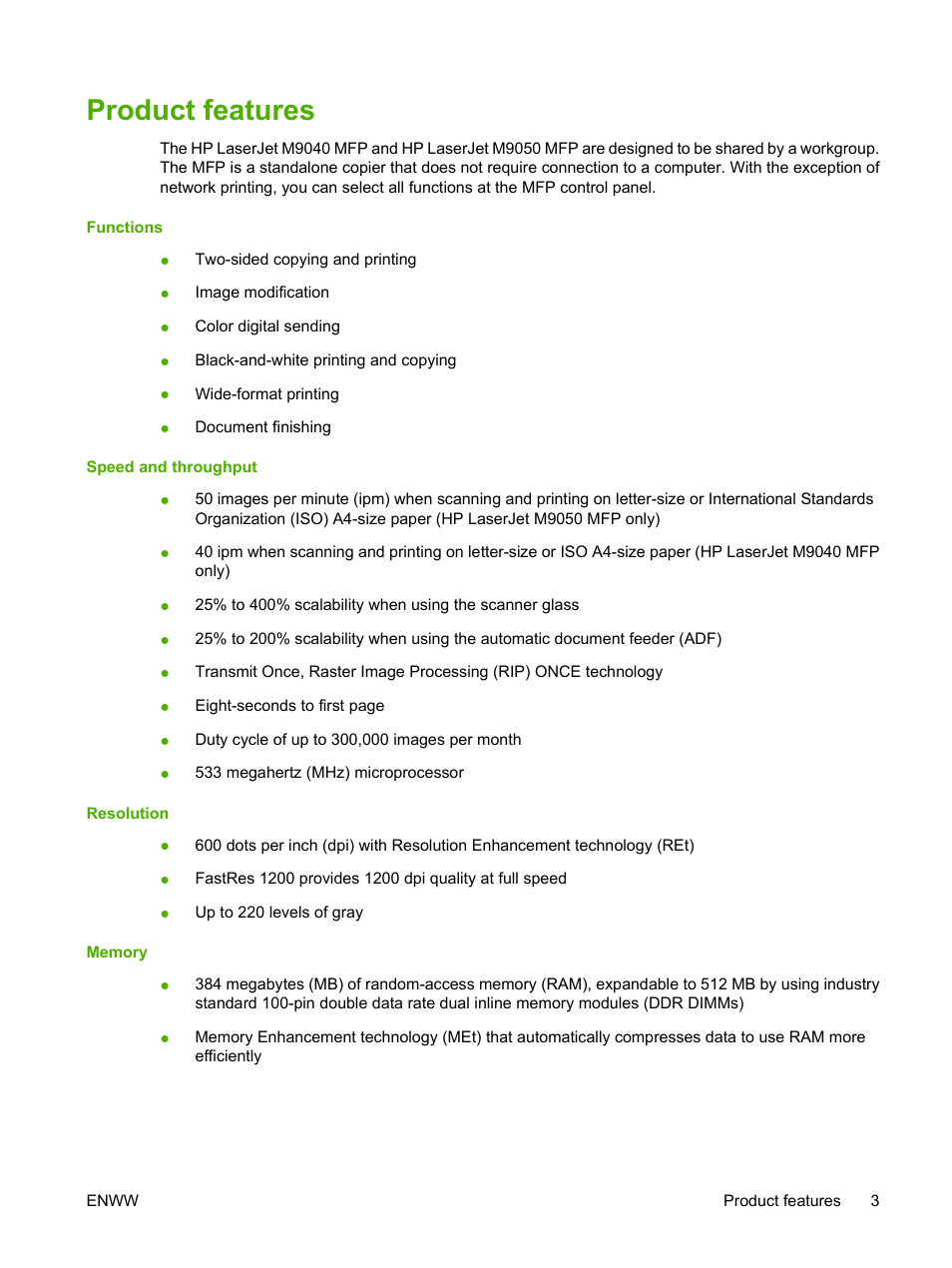 Product features | HP LaserJet M9040M9050 Multifunction Printer series User Manual | Page 17 / 288