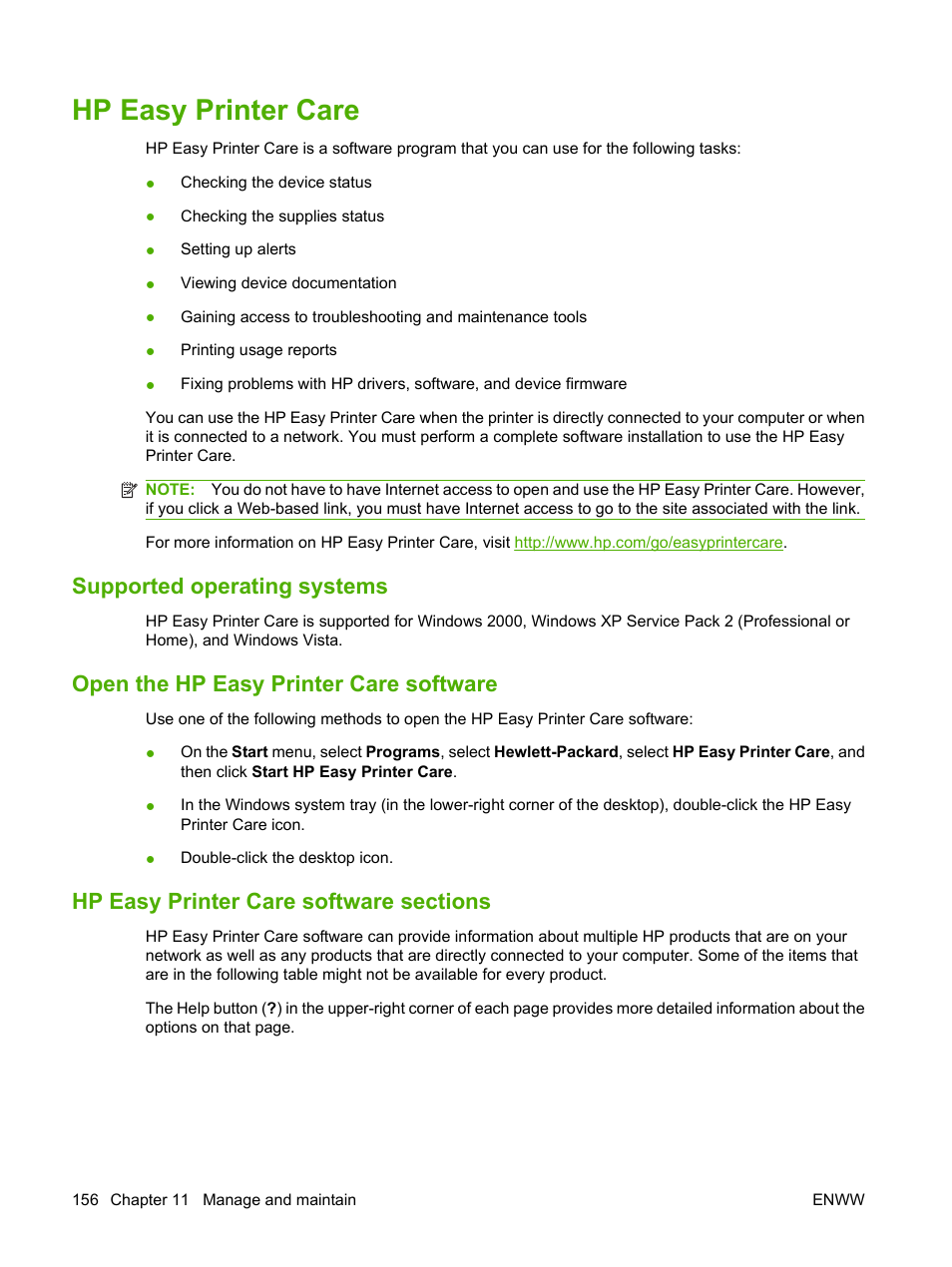 Hp easy printer care, Supported operating systems, Open the hp easy printer care software | Hp easy printer care software sections | HP LaserJet M9040M9050 Multifunction Printer series User Manual | Page 170 / 288