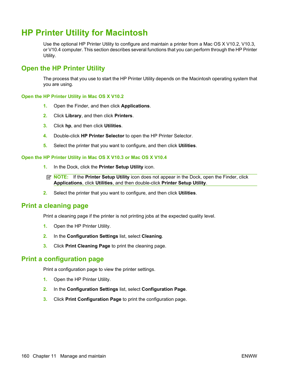 Hp printer utility for macintosh, Open the hp printer utility, Print a cleaning page | Print a configuration page | HP LaserJet M9040M9050 Multifunction Printer series User Manual | Page 174 / 288