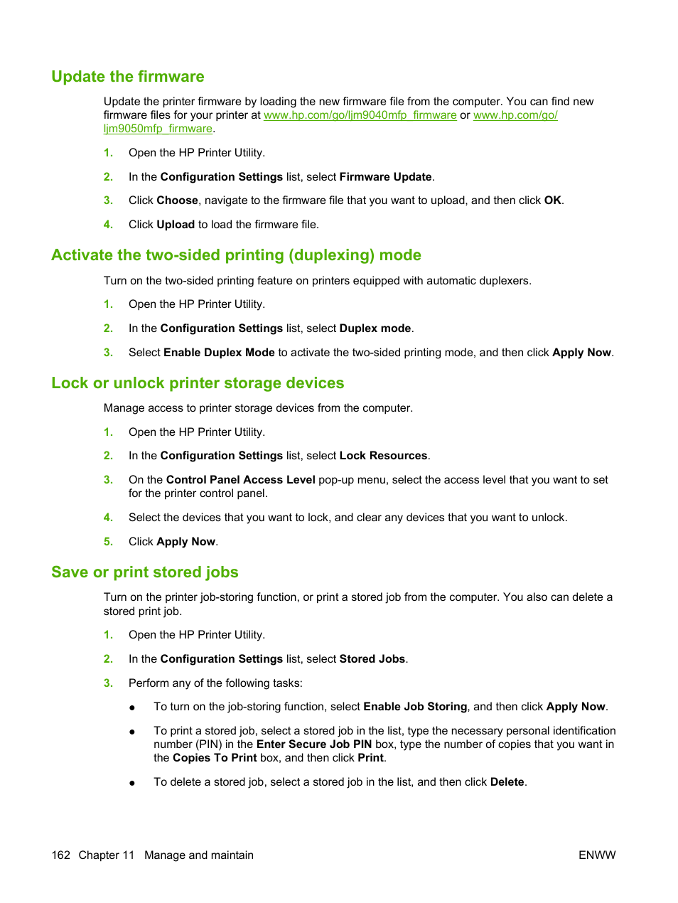 Update the firmware, Activate the two-sided printing (duplexing) mode, Lock or unlock printer storage devices | Save or print stored jobs | HP LaserJet M9040M9050 Multifunction Printer series User Manual | Page 176 / 288