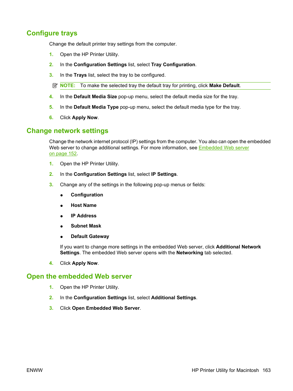 Configure trays, Change network settings, Open the embedded web server | HP LaserJet M9040M9050 Multifunction Printer series User Manual | Page 177 / 288