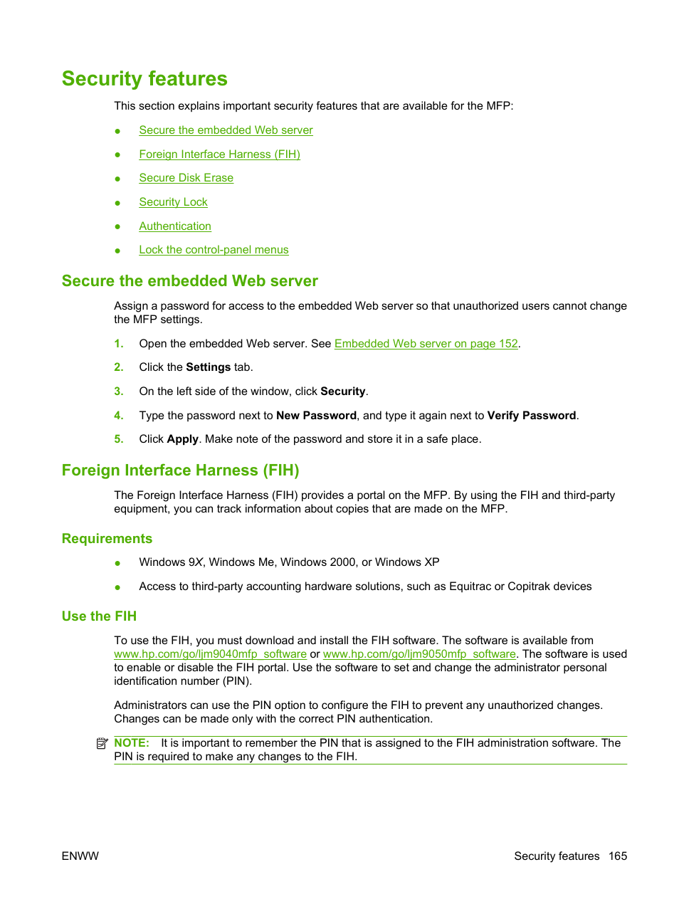 Security features, Secure the embedded web server, Foreign interface harness (fih) | Requirements, Use the fih, Requirements use the fih | HP LaserJet M9040M9050 Multifunction Printer series User Manual | Page 179 / 288
