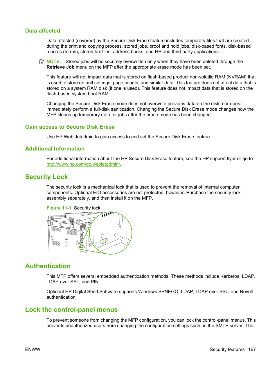 Data affected, Gain access to secure disk erase, Additional information | Security lock, Authentication, Lock the control-panel menus | HP LaserJet M9040M9050 Multifunction Printer series User Manual | Page 181 / 288