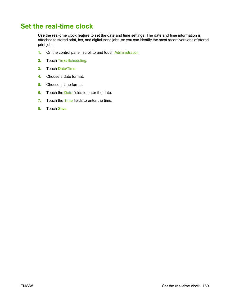 Set the real-time clock | HP LaserJet M9040M9050 Multifunction Printer series User Manual | Page 183 / 288