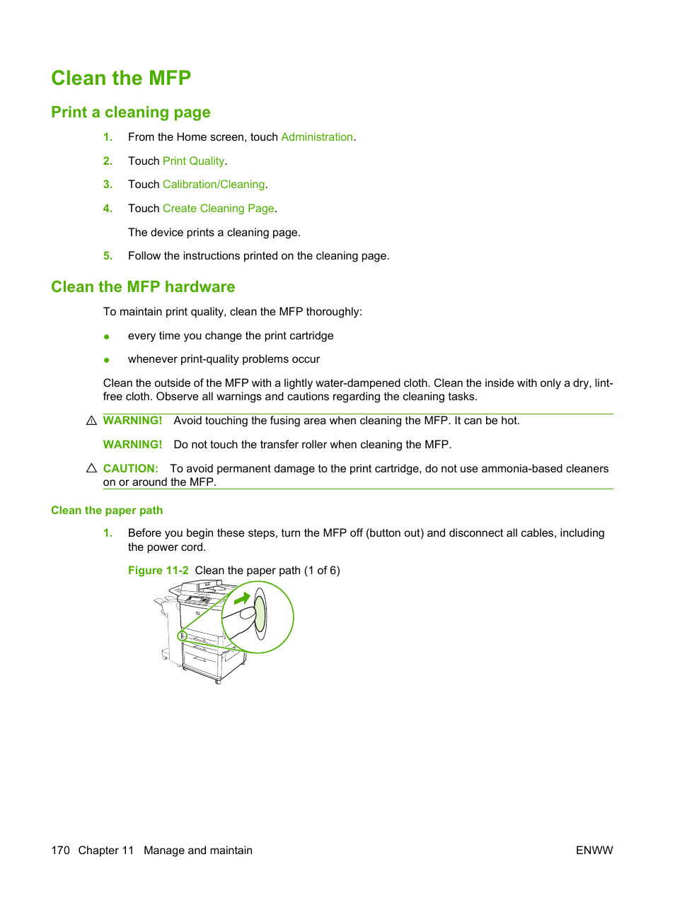 Clean the mfp, Clean the mfp hardware, Print a cleaning page | HP LaserJet M9040M9050 Multifunction Printer series User Manual | Page 184 / 288