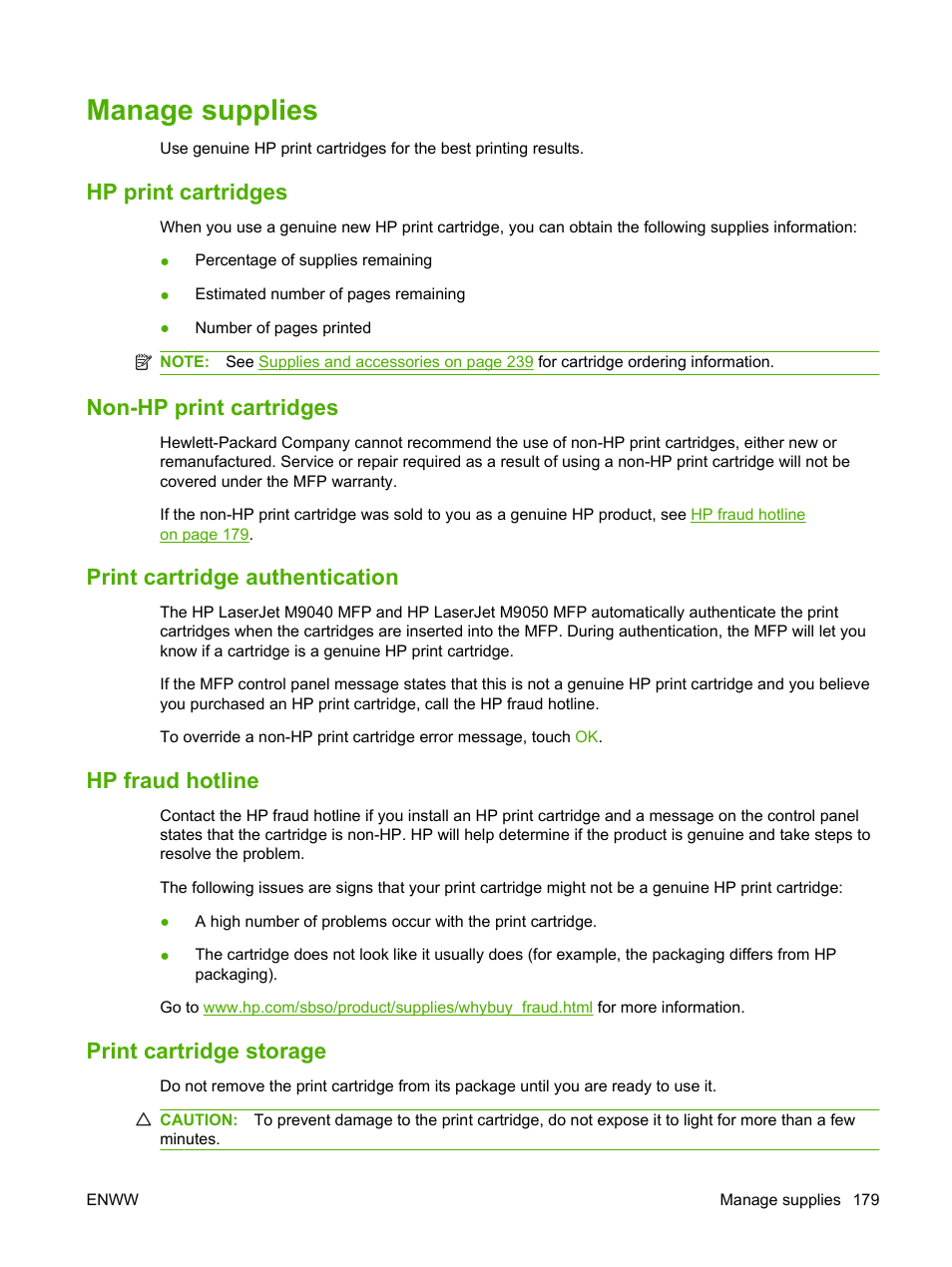 Manage supplies, Hp print cartridges, Non-hp print cartridges | Print cartridge authentication, Hp fraud hotline, Print cartridge storage | HP LaserJet M9040M9050 Multifunction Printer series User Manual | Page 193 / 288