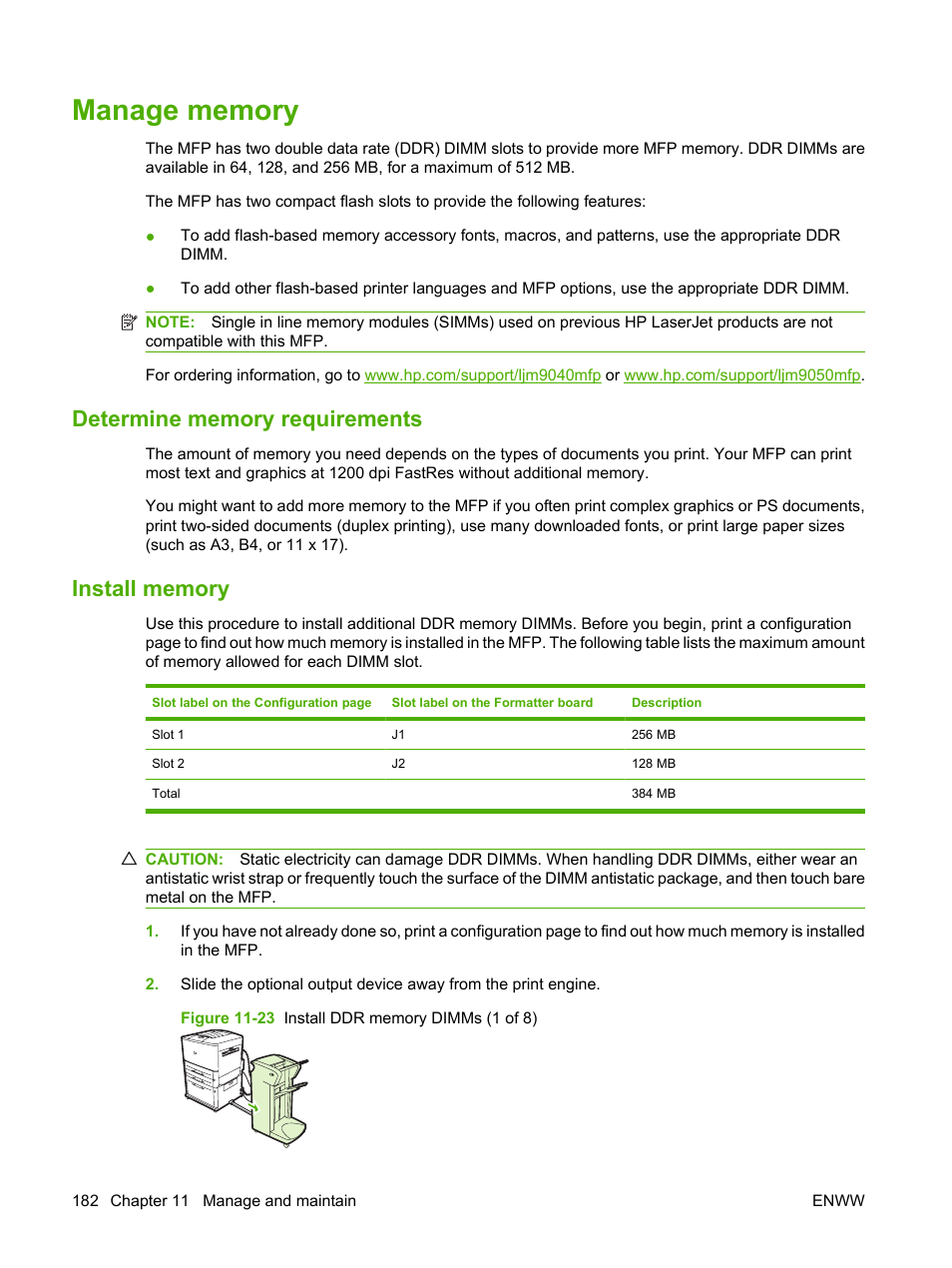 Manage memory, Determine memory requirements, Install memory | Determine memory requirements install memory | HP LaserJet M9040M9050 Multifunction Printer series User Manual | Page 196 / 288