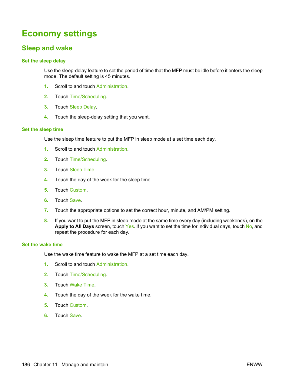 Economy settings, Sleep and wake | HP LaserJet M9040M9050 Multifunction Printer series User Manual | Page 200 / 288