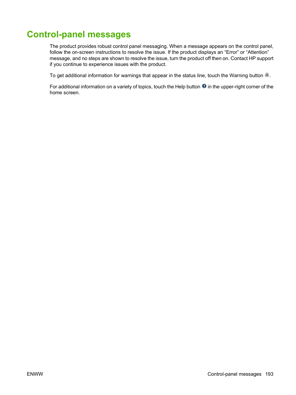 Control-panel messages | HP LaserJet M9040M9050 Multifunction Printer series User Manual | Page 207 / 288