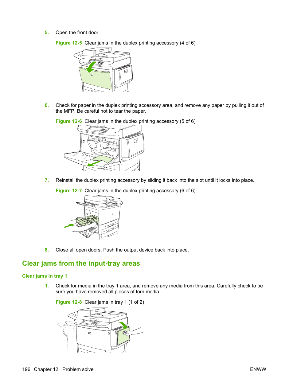Clear jams from the input-tray areas | HP LaserJet M9040M9050 Multifunction Printer series User Manual | Page 210 / 288