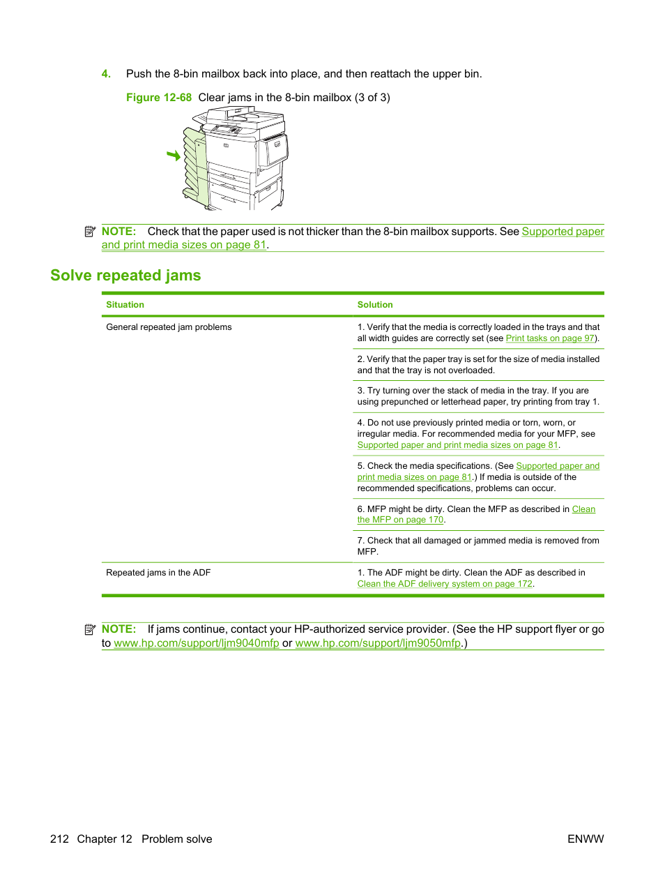 Solve repeated jams | HP LaserJet M9040M9050 Multifunction Printer series User Manual | Page 226 / 288