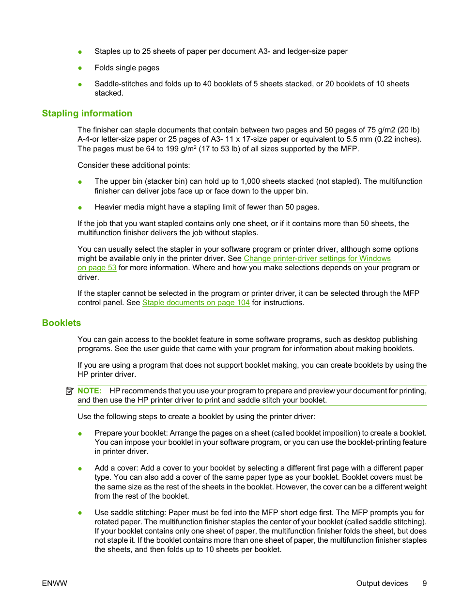 Stapling information, Booklets, Stapling information booklets | HP LaserJet M9040M9050 Multifunction Printer series User Manual | Page 23 / 288