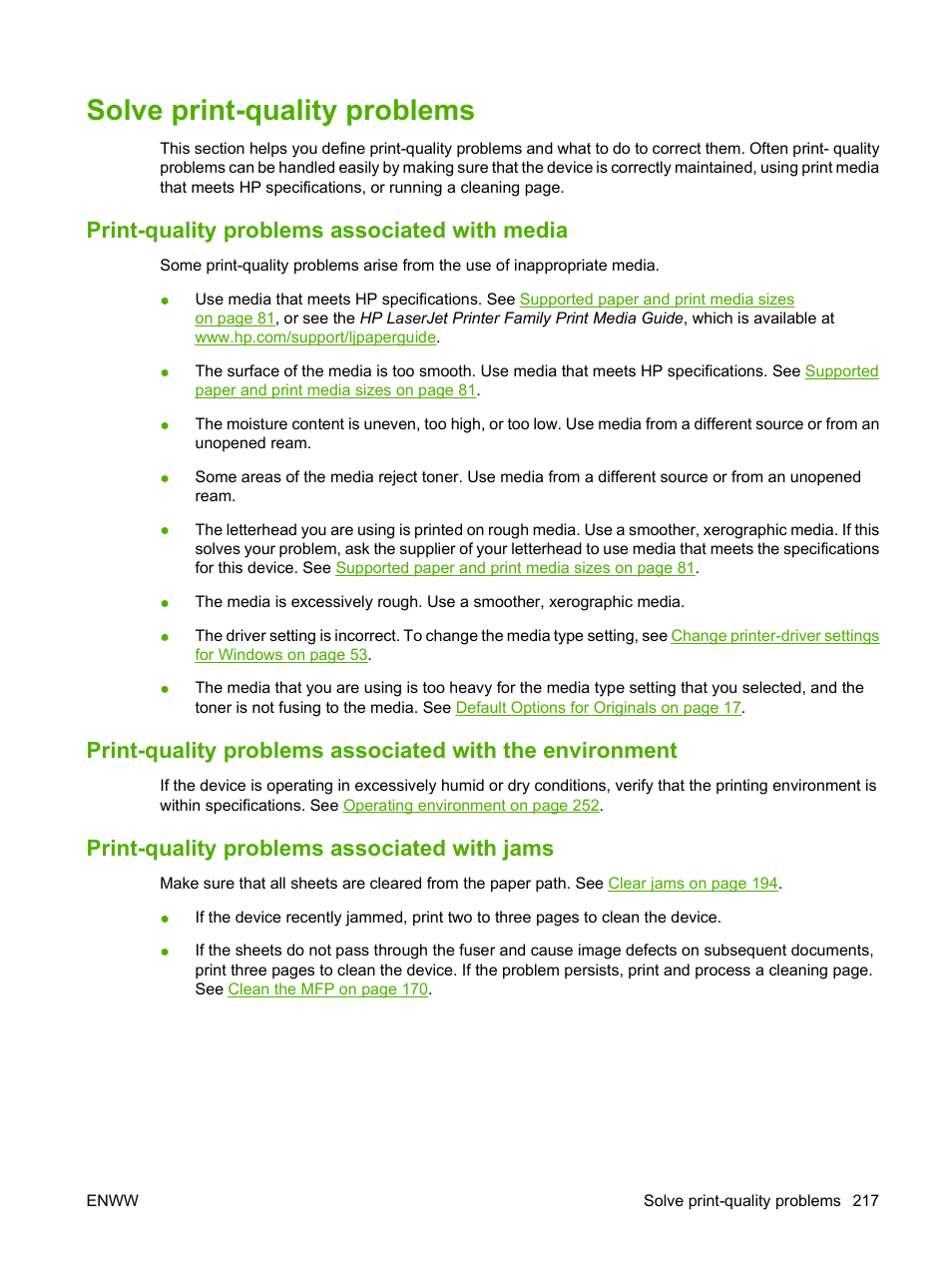 Solve print-quality problems, Print-quality problems associated with media, Print-quality problems associated with jams | HP LaserJet M9040M9050 Multifunction Printer series User Manual | Page 231 / 288