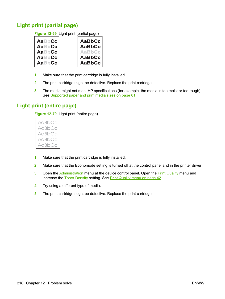 Light print (partial page), Light print (entire page) | HP LaserJet M9040M9050 Multifunction Printer series User Manual | Page 232 / 288