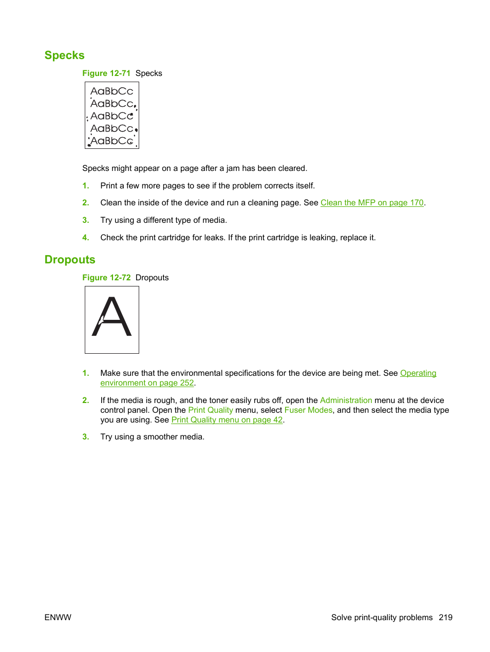 Specks, Dropouts, Specks dropouts | HP LaserJet M9040M9050 Multifunction Printer series User Manual | Page 233 / 288