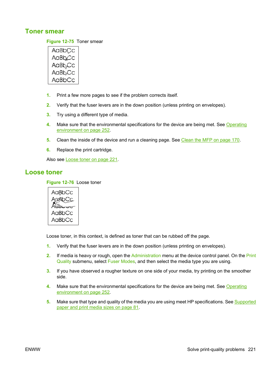 Toner smear, Loose toner, Toner smear loose toner | HP LaserJet M9040M9050 Multifunction Printer series User Manual | Page 235 / 288