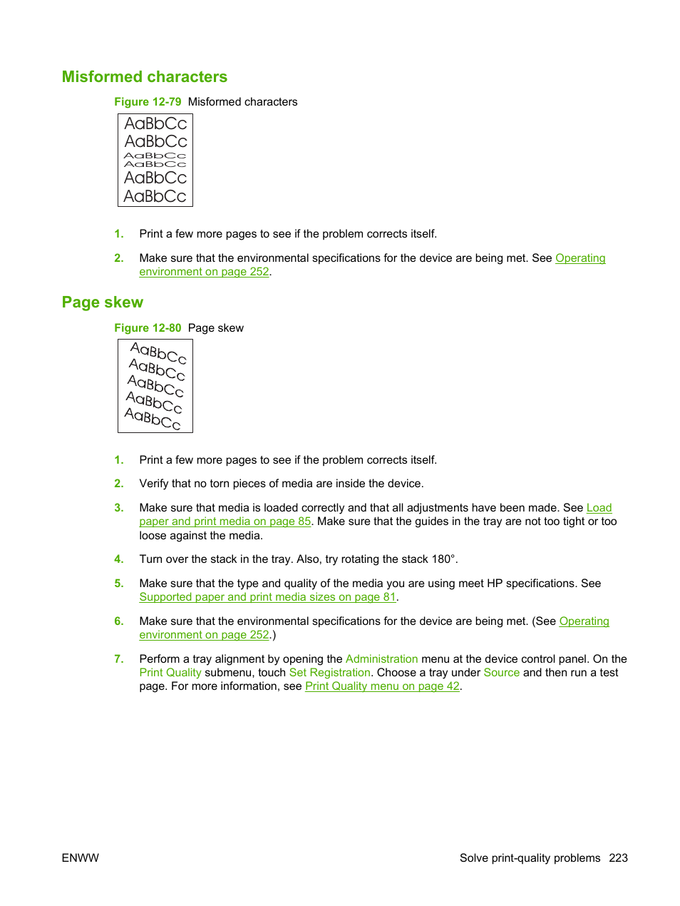 Misformed characters, Aabbcc, Page skew | HP LaserJet M9040M9050 Multifunction Printer series User Manual | Page 237 / 288