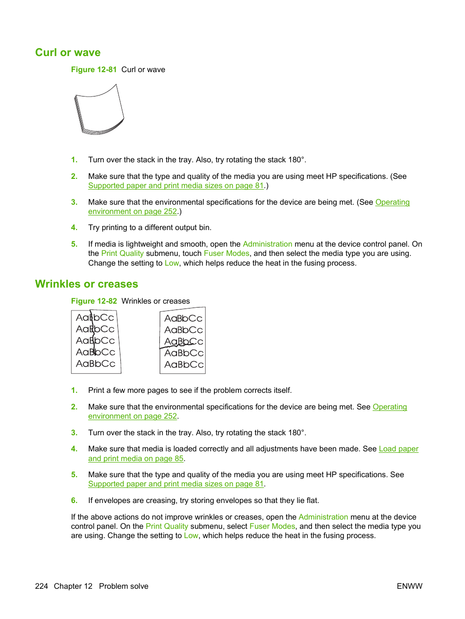Curl or wave, Wrinkles or creases, Curl or wave wrinkles or creases | HP LaserJet M9040M9050 Multifunction Printer series User Manual | Page 238 / 288