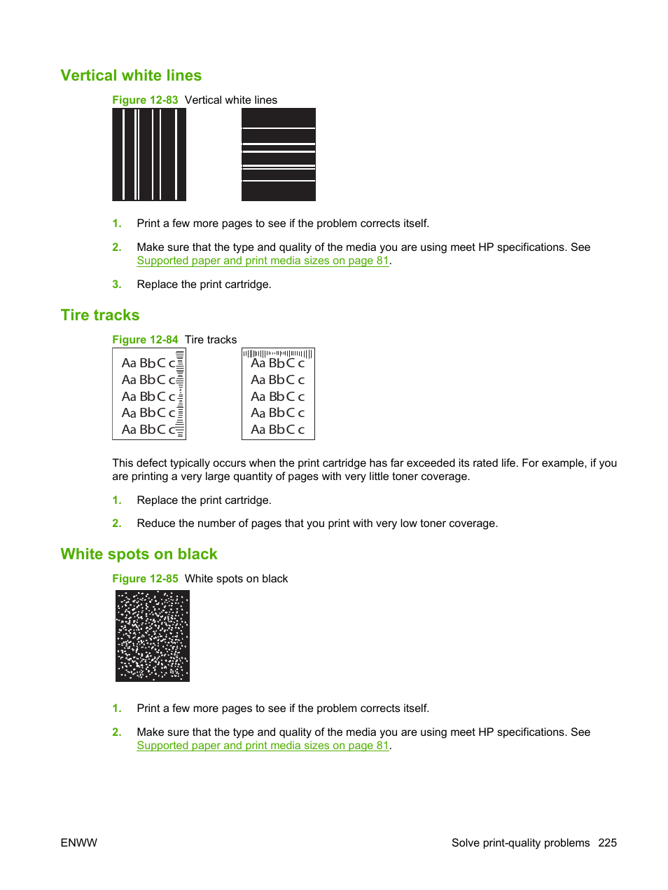 Vertical white lines, Tire tracks, White spots on black | HP LaserJet M9040M9050 Multifunction Printer series User Manual | Page 239 / 288