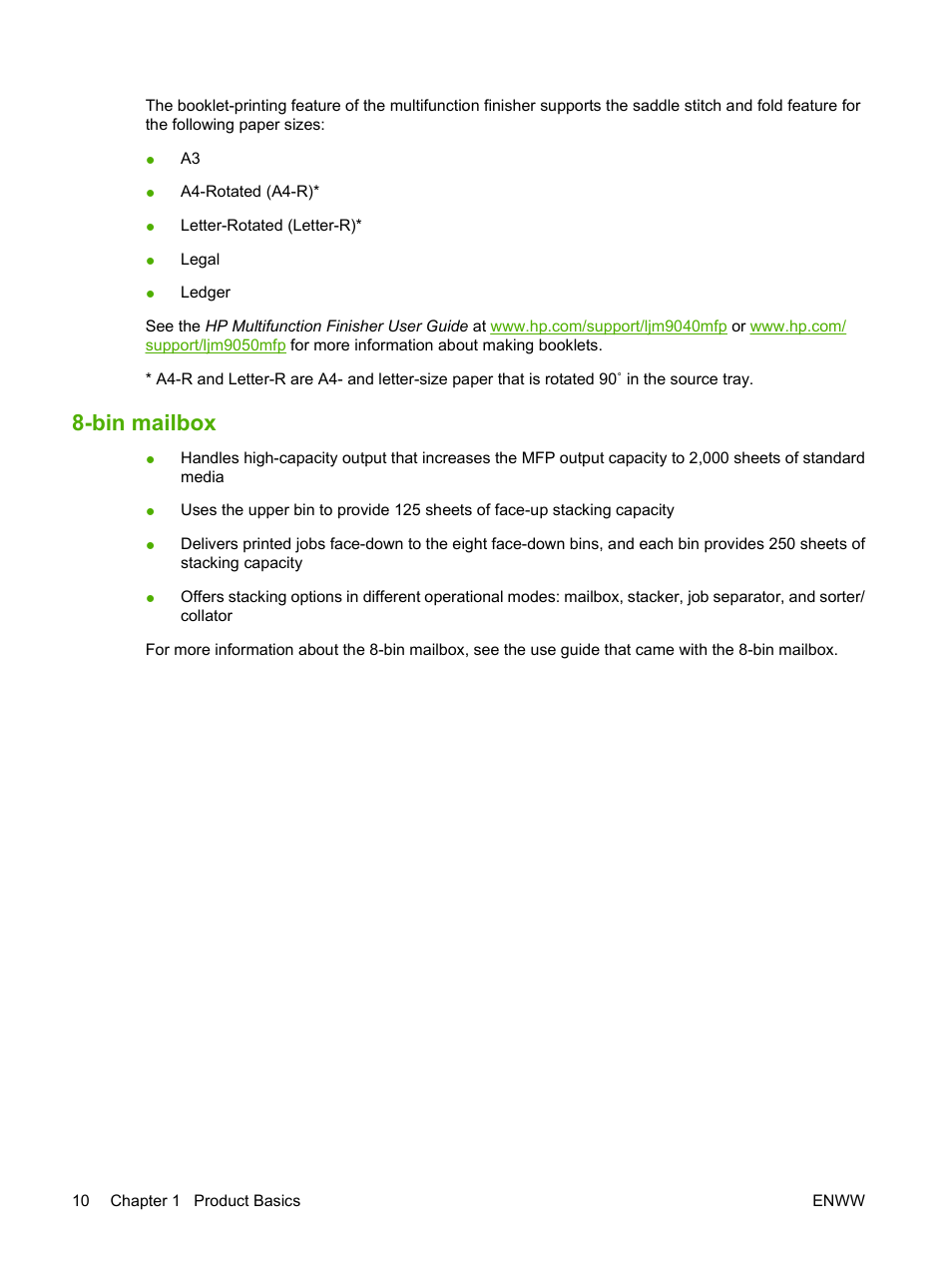 Bin mailbox | HP LaserJet M9040M9050 Multifunction Printer series User Manual | Page 24 / 288