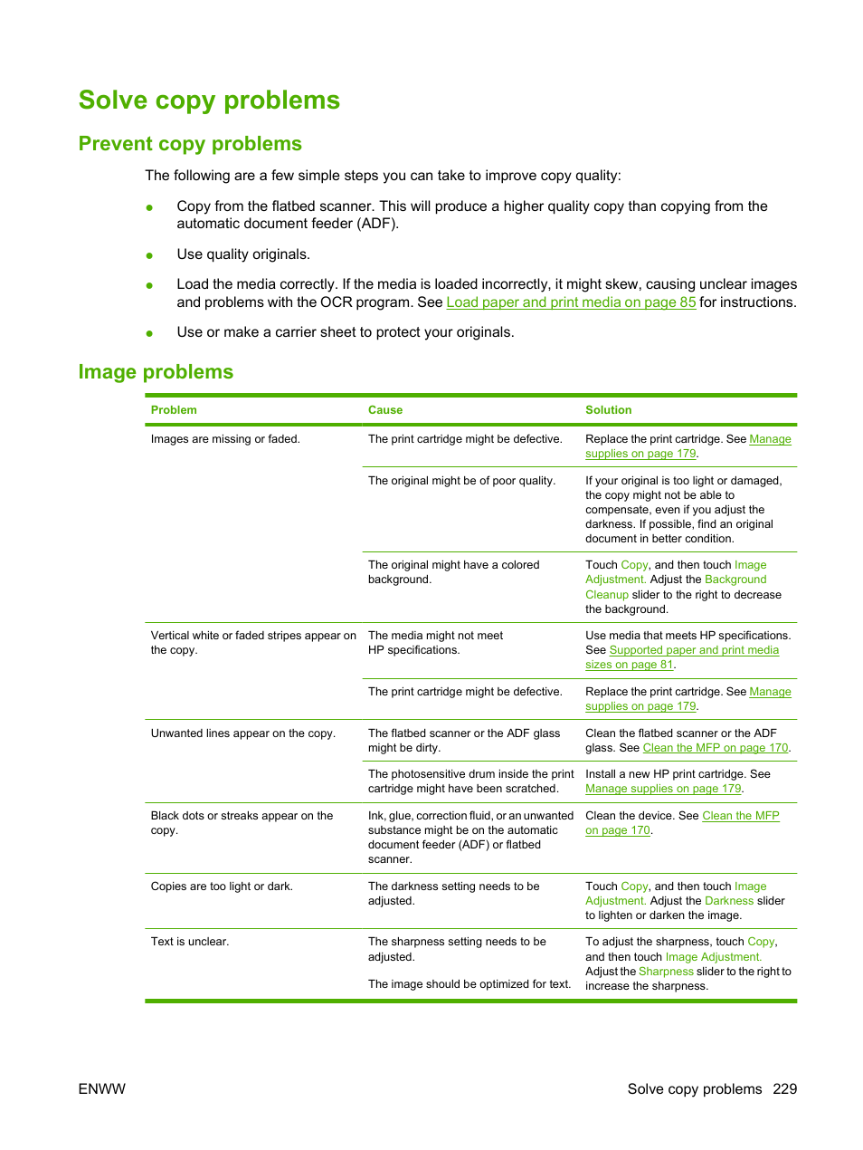 Solve copy problems, Prevent copy problems, Image problems | Prevent copy problems image problems | HP LaserJet M9040M9050 Multifunction Printer series User Manual | Page 243 / 288
