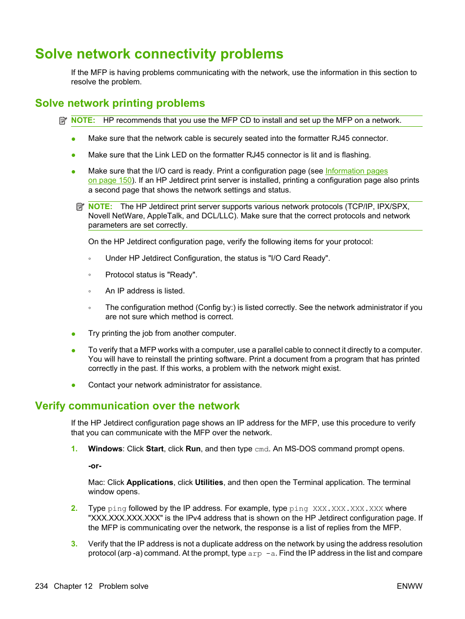 Solve network connectivity problems, Solve network printing problems, Verify communication over the network | HP LaserJet M9040M9050 Multifunction Printer series User Manual | Page 248 / 288