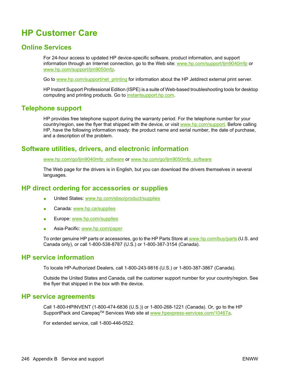 Hp customer care, Online services, Telephone support | Hp direct ordering for accessories or supplies, Hp service information, Hp service agreements | HP LaserJet M9040M9050 Multifunction Printer series User Manual | Page 260 / 288