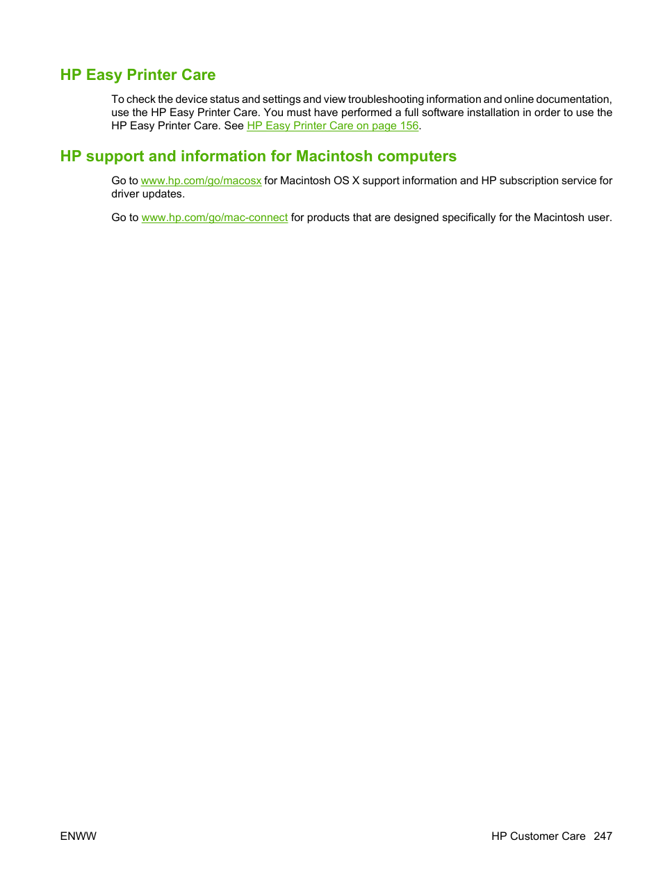 Hp easy printer care, Hp support and information for macintosh computers | HP LaserJet M9040M9050 Multifunction Printer series User Manual | Page 261 / 288