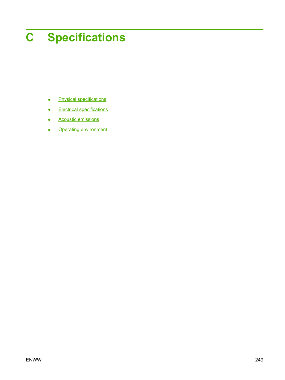 Specifications, Appendix c specifications, Cspecifications | HP LaserJet M9040M9050 Multifunction Printer series User Manual | Page 263 / 288