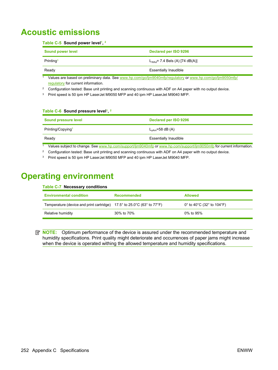 Acoustic emissions, Operating environment, Acoustic emissions operating environment | Operating | HP LaserJet M9040M9050 Multifunction Printer series User Manual | Page 266 / 288